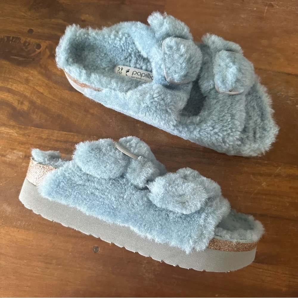 Birkenstock Papillio Arizona Platform Soft Blue‎ Furry Slippers Ladies 39 NWOB